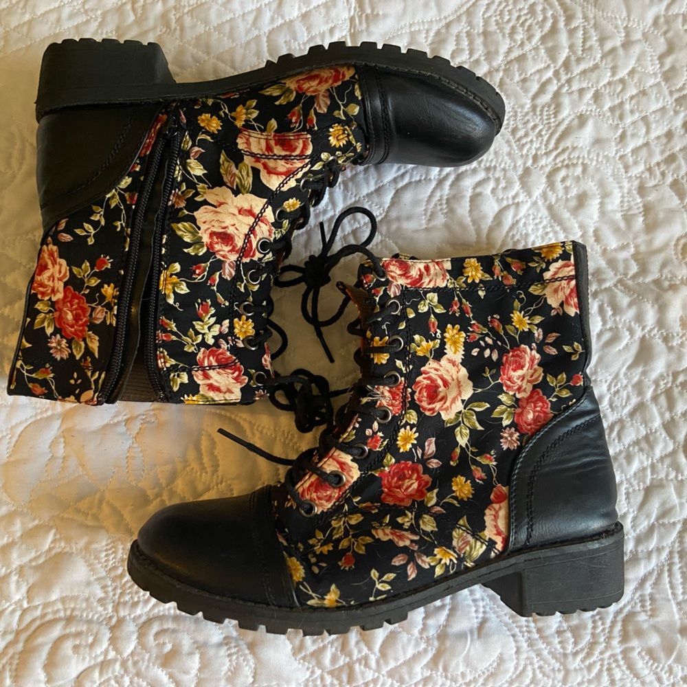 Floral print combat boots